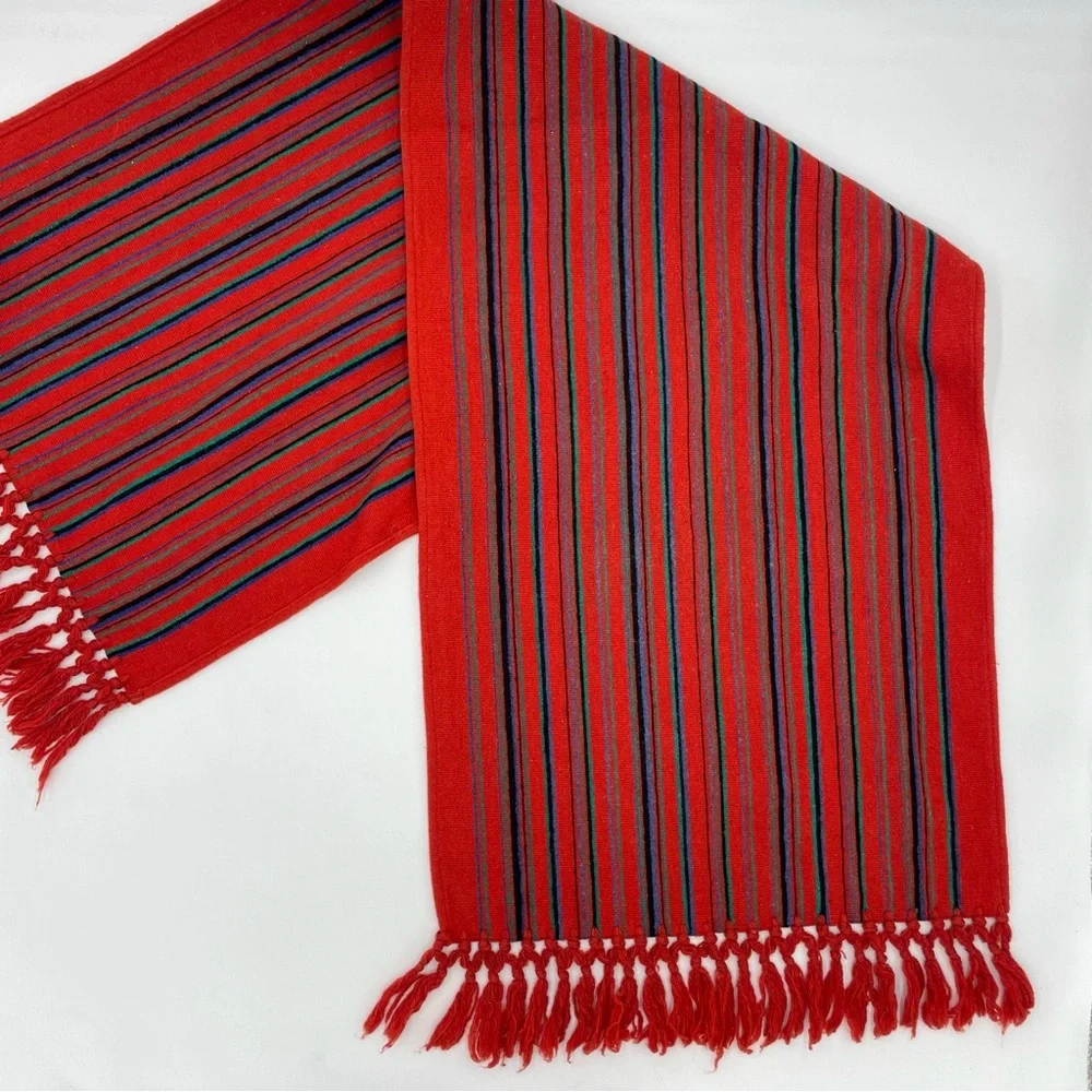 Vintage Table Runner Striped Fringe Red‎ Boho Eclectic Home Decor Dining Room